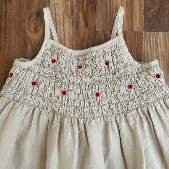 Janie & Jack Linen Smocked Bib Rosettes Tie Back Dress Girl's 5 - Picture 3 of 12